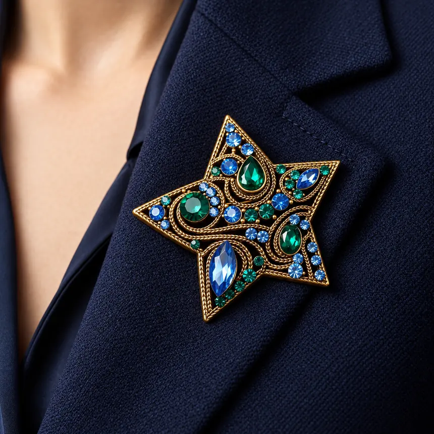 Broche estrela dourado com pedras cor safira e esmeralda na lapela de um blazer azul-marinho